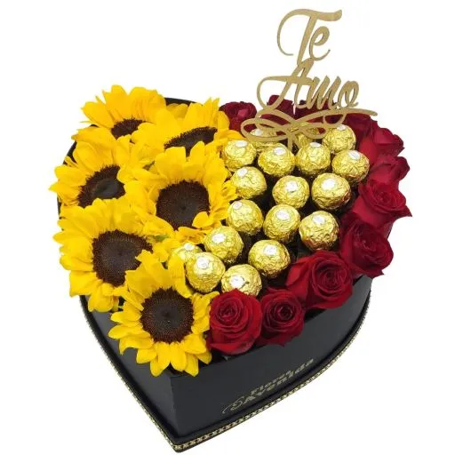 Caja corazon con flores rosas girasoles y rocher 
